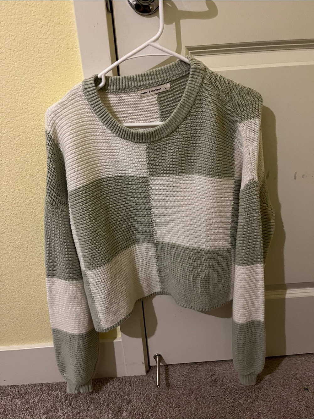 moon & madison Sage/white Striped Cropped Crewneck Sweater